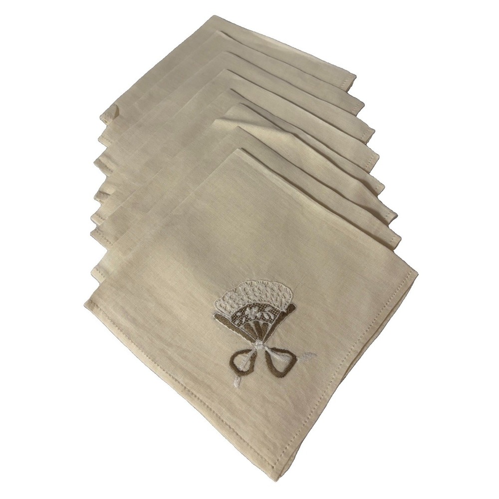 Vintage Linen Napkins Set of 8 Embroidered Fan Bow Ivory Cream 16" Square